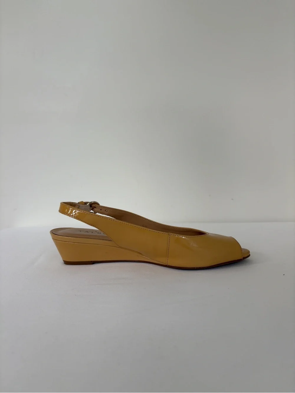 Talbots Mustard Yellow Patent Peep-Toe Slingback Wedge Leather